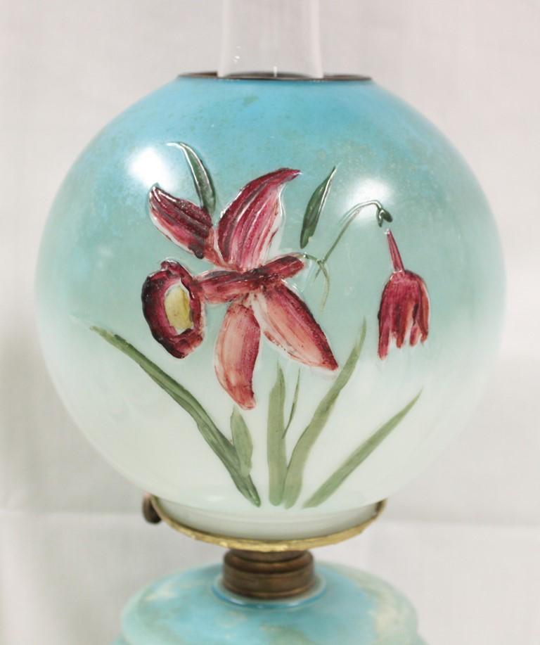 Gone with the Wind 19" tall lamp, pink embossed flowers and leaves featured on both font and globe,