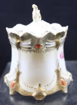 R.S. Prussia Ribbon and Jewel Mold 645 syrup w/lid, Roses and Snowballs, brownish decorated jewels,