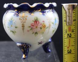 Handpainted porcelain 3"h rose bowl-shape vase, pink and blue flowers with cobalt feet and ruffled