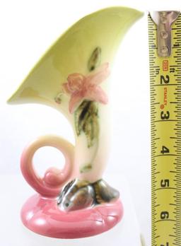 (3) Hull Woodland pcs.: W2-5.5" cornucopia, green/blue; W2-5.5" cornucopia, pink/green; W6-6.25"