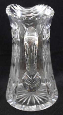 American Brilliant Cut Glass 9"h pitcher, Intaglio daisies and leaves, Hobstars and Strawberry