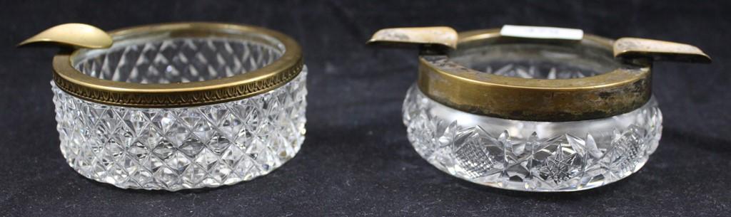 (2) Cut Glass ashtrays, 3" round dia., gold collars