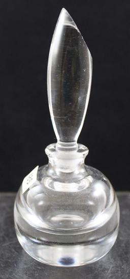 Crystal perfume bottle, paperweight-shaped bottom, 6"h to top of stopper (little roughage on