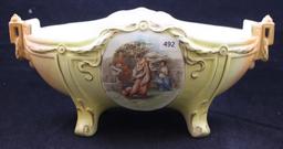 Handpainted porcelain ftd. oblong console bowl featuring Maidens in garden on yellow and salmon