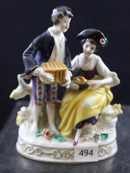 (2) 3.5"h figural pitchers and 5"h figurine of Victorian courting couple