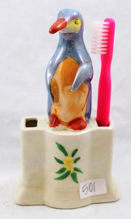 (4) Vintage novelty toothbrush holders incl. penguin, boy in top hat, Donkey and boy eating snack