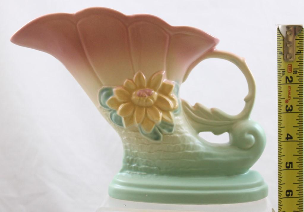 (2) Hull pcs.: Wildflower W-4-6.5" vase, pink/green; Water Lily L-7-6.5" cornucopia, pink/green