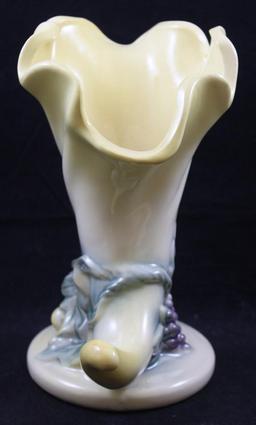 (3) Hull pcs.: Water Lily L-1-5.5" vase, white; Rosella R-1-5" vase, peach; Fiesta 49-8" cornucopia