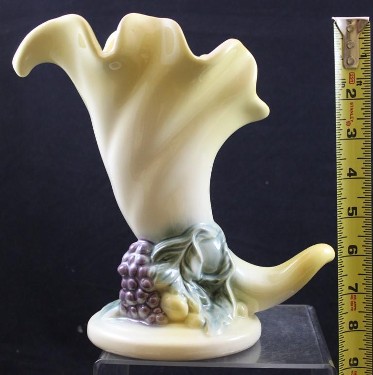 (3) Hull pcs.: Water Lily L-1-5.5" vase, white; Rosella R-1-5" vase, peach; Fiesta 49-8" cornucopia