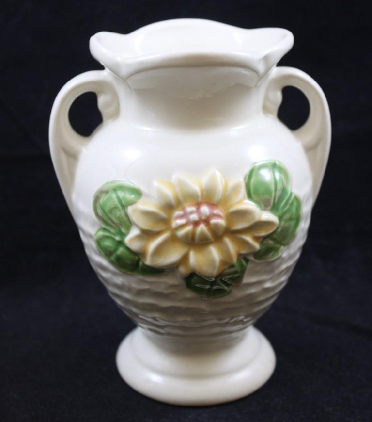 (3) Hull pcs.: Water Lily L-1-5.5" vase, white; Rosella R-1-5" vase, peach; Fiesta 49-8" cornucopia