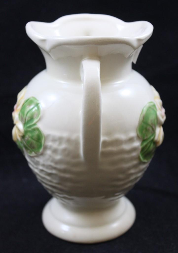 (3) Hull pcs.: Water Lily L-1-5.5" vase, white; Rosella R-1-5" vase, peach; Fiesta 49-8" cornucopia