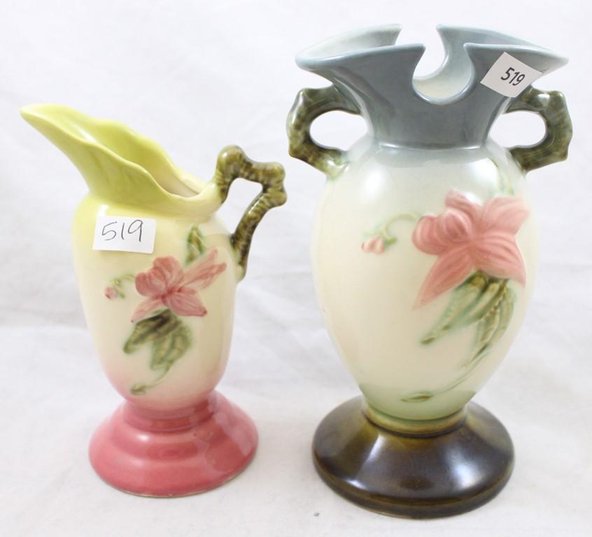 (2) Hull Woodland pcs.: W4-6.5" vase, green/blue; W3-5.5" pitcher, green/pink