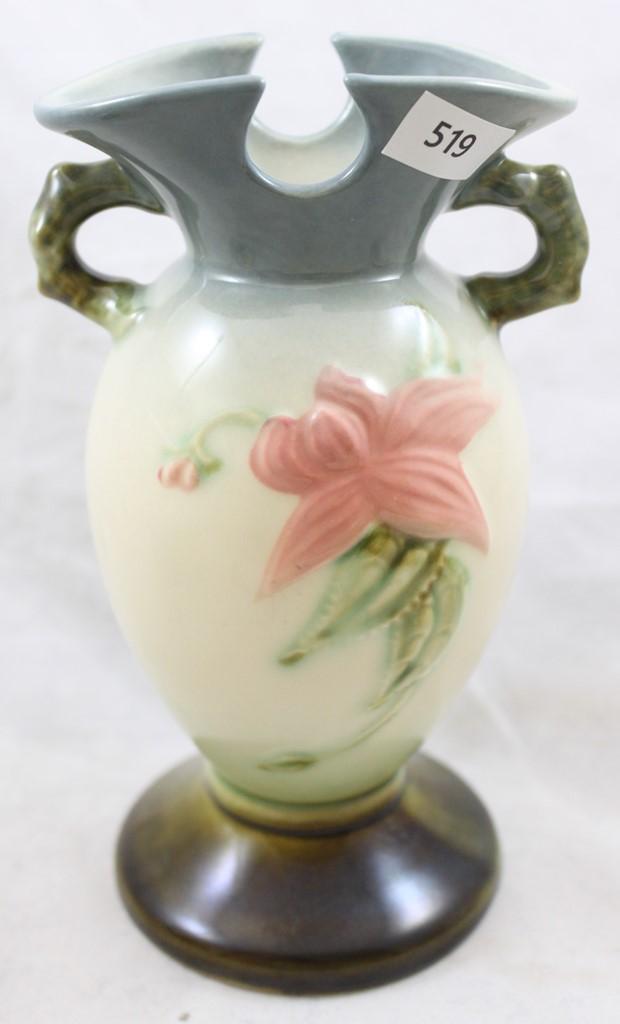 (2) Hull Woodland pcs.: W4-6.5" vase, green/blue; W3-5.5" pitcher, green/pink