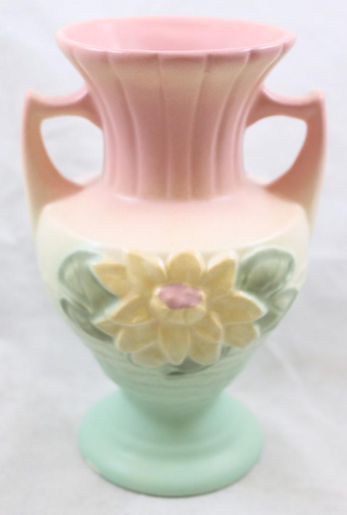 (2) Hull Water Lily pcs: L-5-6.5" vase, pink/green (chip on the bottom); L-2-5.5" vase, pink/green