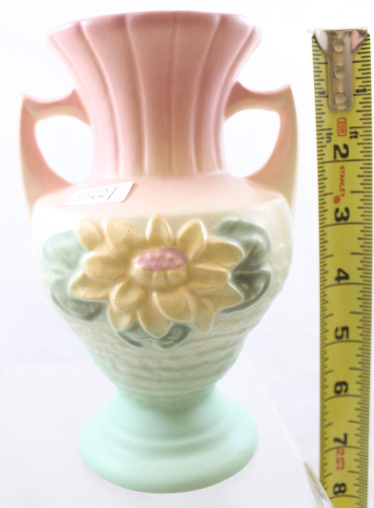 (2) Hull Water Lily pcs: L-5-6.5" vase, pink/green (chip on the bottom); L-2-5.5" vase, pink/green