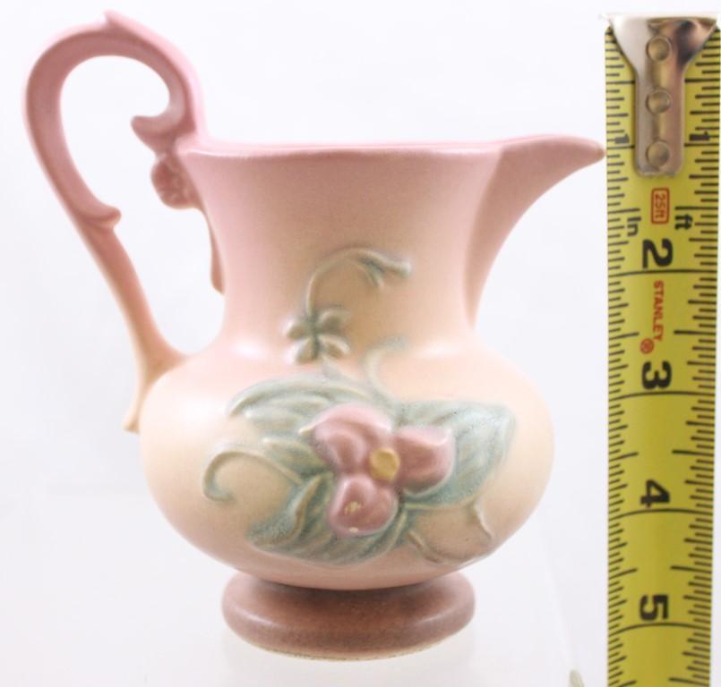 (2) Hull pcs.: Water Lily L-3-5.5" vase, orange; Wildflower 73-4.75" creamer, pink