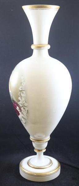 Victorian Portrait Bristol Glass 20.5"h vase, gold gilt and white leaves - Super colors!