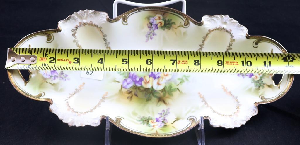 R.S. Prussia celery dish, 12"l x 6"w, purple and white flowers on cream with nice gold accents, red