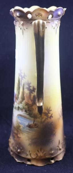 R.S. Prussia 9"h vase with dbl. handles, Castle scene on yellow and brown tones, red mark (top rim
