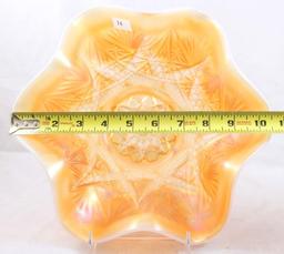 Carnival Glass Dugan Ski Star/Compass 10.5"d x 4"h bowl, peach opalescent