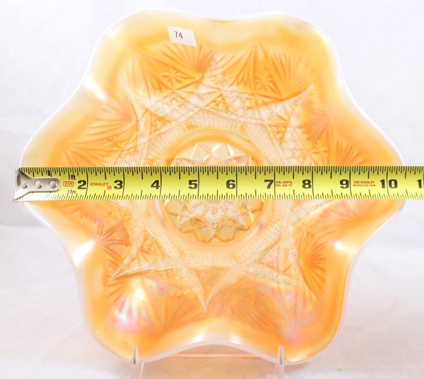 Carnival Glass Dugan Ski Star/Compass 10.5"d x 4"h bowl, peach opalescent