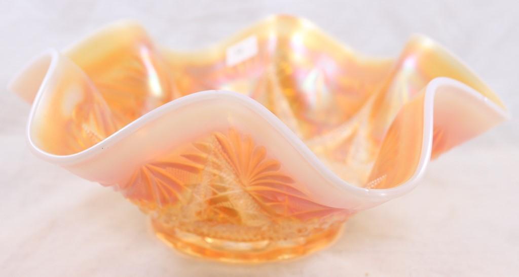 Carnival Glass Dugan Ski Star/Compass 10.5"d x 4"h bowl, peach opalescent