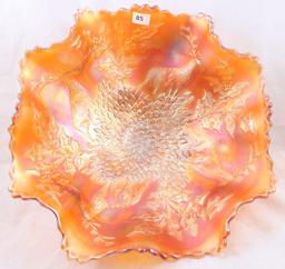 Carnival Glass Fenton Stag and Holly 11"d x 4.5"h ruffled and footed bowl, marigold