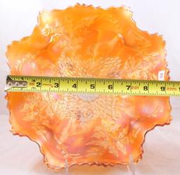 Carnival Glass Fenton Stag and Holly 11"d x 4.5"h ruffled and footed bowl, marigold