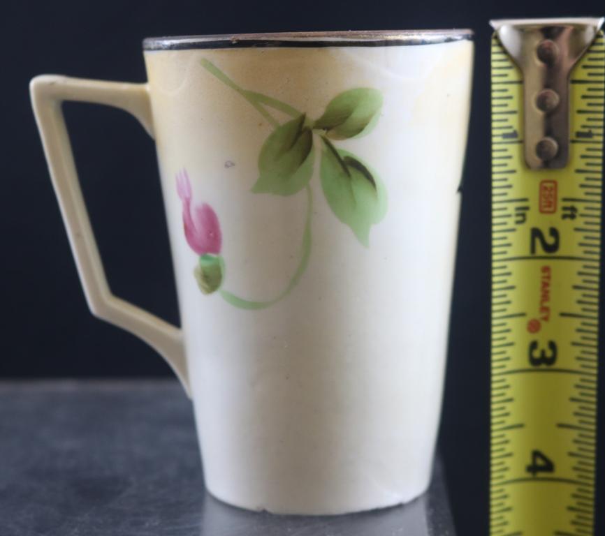 6 pc. Hand Painted cider set incl. 6"h pitcher and (5) 4"h handled mugs, large pink flowers/green