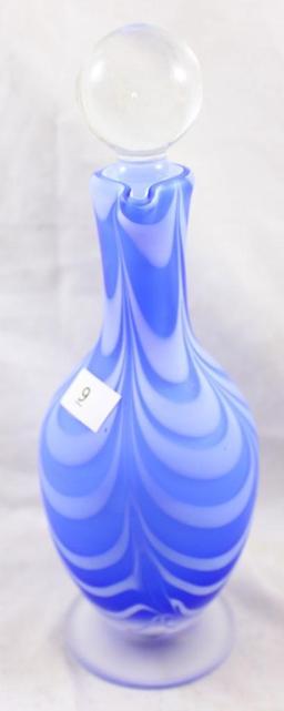 Nailsea blue and white satin glass 8.5"h cruet, Swag or Drapery pattern