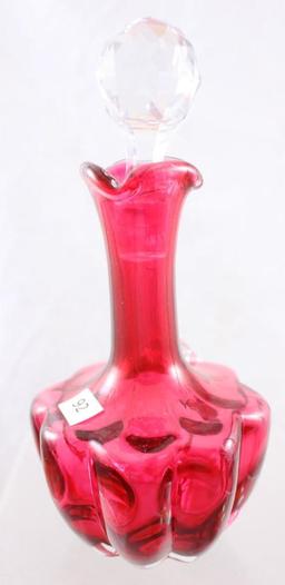 Cranberry 8"h cruet, clear applied handle and stopper (stopper has no see chips)