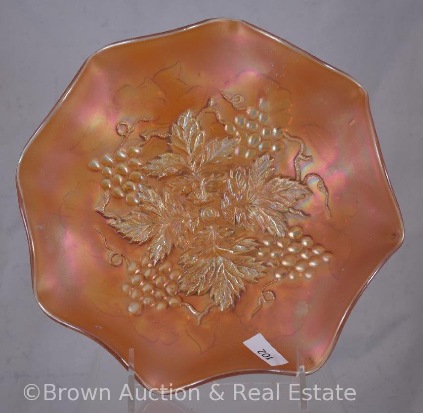 Carnival Glass Grape Leaves/Wild Rose 9"d bowl, marigold