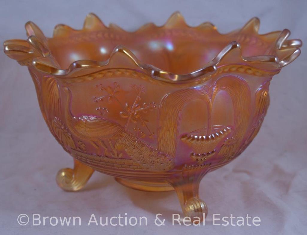 Carniva Glass Peacock at the Fountain large footed orange bowl, marigold