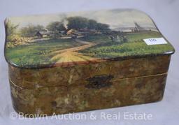 Celluloid dresser box with great scenic landscape/people/sailboat lid, 8"x5"x3.5" tall