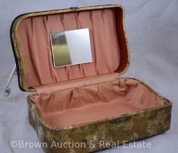 Celluloid dresser box with great scenic landscape/people/sailboat lid, 8"x5"x3.5" tall