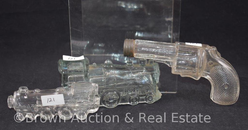 (3) Glass candy containers: (2) train engines and (1) pistol