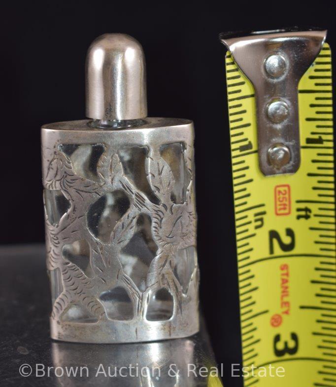 (3) Perfume bottles with decorative silver overlay, Sterling & Hallmarks, 2.5" - 3.5" sizes