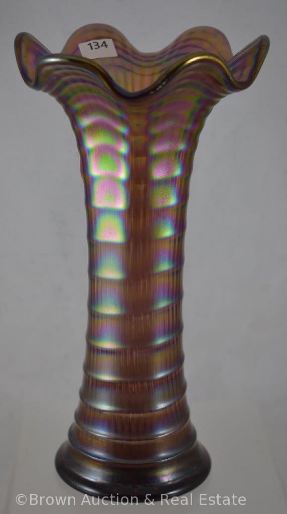 Carnival Glass Ripple 9.5"h vase, purple