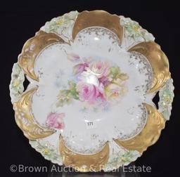 R.S. Prussia Lily Mold 29 cake plate, Roses, nice gold border, 10.5"d, crown mark