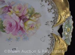 R.S. Prussia Lily Mold 29 cake plate, Roses, nice gold border, 10.5"d, crown mark