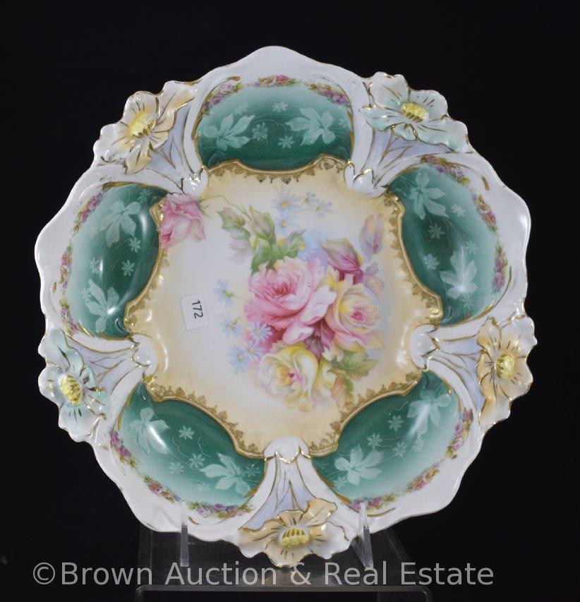 R.S. Prussia Lily Mold 30 (square version) 10.5"d bowl, Roses, crown mark