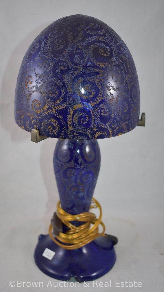 Art Glass 15" tall elec. lamp, cobalt swirl design over mustard yellow ground