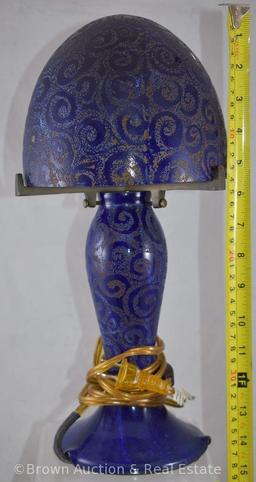 Art Glass 15" tall elec. lamp, cobalt swirl design over mustard yellow ground