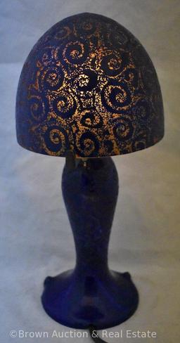 Art Glass 15" tall elec. lamp, cobalt swirl design over mustard yellow ground