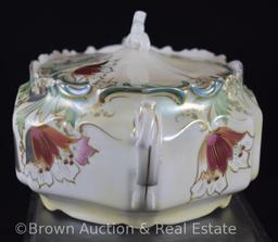 Handpainted porcelain biscuit/cracker jar, Tiffany finish on stylized tulips, circle mold mrk