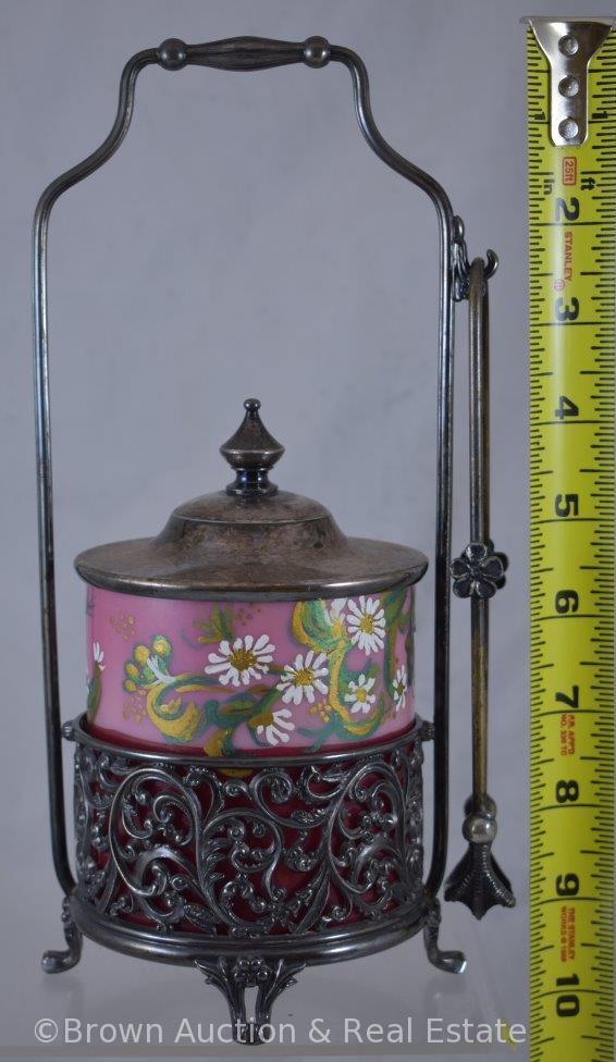 Victorian Pickle castor, pink handpainted Cased glass insert