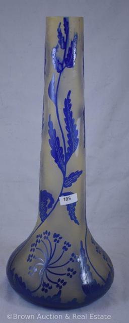 Cameo Glass 16"h stick neck vase, cobalt blue leaves and plants, inscribed Darcy with incised