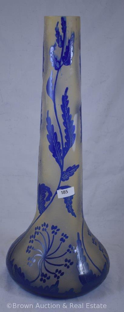 Cameo Glass 16"h stick neck vase, cobalt blue leaves and plants, inscribed Darcy with incised