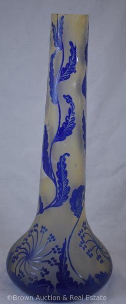 Cameo Glass 16"h stick neck vase, cobalt blue leaves and plants, inscribed Darcy with incised