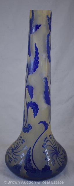 Cameo Glass 16"h stick neck vase, cobalt blue leaves and plants, inscribed Darcy with incised